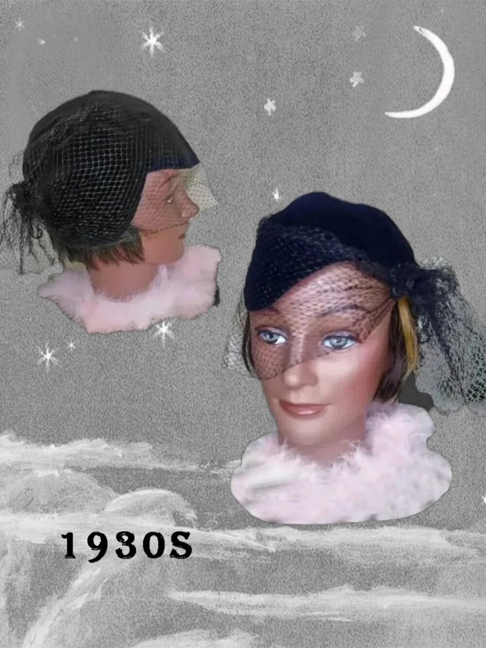 Black Velvet Hat, Cloche Vintage 30s 1930s Old Hollywood Glamour Neo-Noir